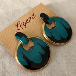 Vintage 80s Legend Enamel Fashion Career Earrings Aqua  & Black Enamel